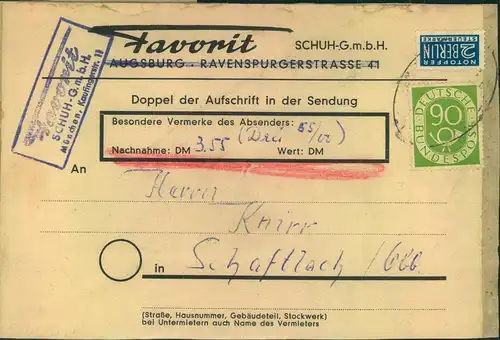 1953, POSTHORN, 90 Pfg. auf Nachnahme-Päckchenadresse. - 138