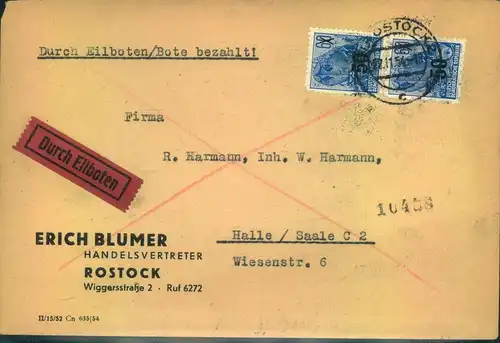 1954, Eilbrief von ROSTOCK mit senkr. Paar FJP 50 auf 60 Pfg.. - Michel 441 (2)