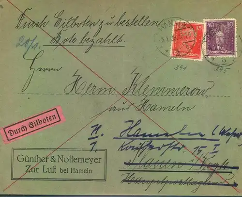 1928, Eilbrief ab HAMELN nach Plauen zum zurück mir 13 Pfg. Kant ud 40 Pfg. lessing - Michel 391,395