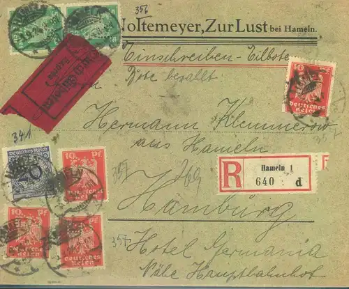 1924, Einschreiben/Eilboten ab HAMELN 1 mit 7 Marken, davon vier mit Perfin (Firmenlochung) "G. N."