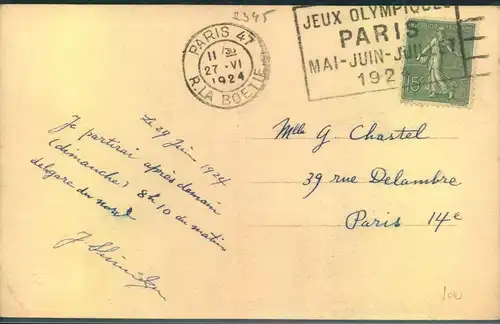 1924, machine cancellation "PARIS 47 R. LA  BOETIE 27 VI 1924 - Jeux Olympiques" on postcard.