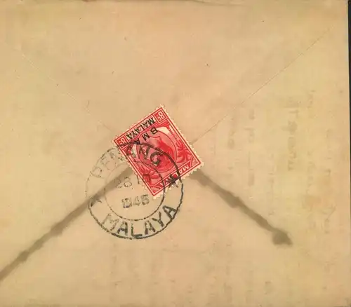 1945, cover franked with 8 C. with "BMA MALAYA" imprint from PENANG 28/10 45 to Serampang