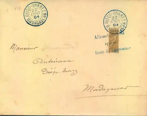 1904,cover franked with half 30 C. Type Sage "AFFRANCHISSEMENT SPECIAL FAUTE DE FIGURINES" in DIEGO SUAREZ