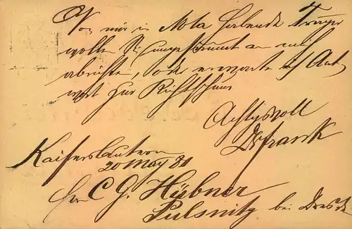 1881, PULSNITZ, spät nachverwendeter Sachsenstempel auf Ganzsachenkarte ab KAISERSLAUTERN