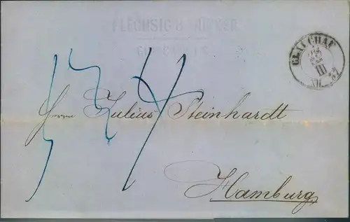1857, bar bezahlter Faltbrief von GLAUCHAU mit Bahnpost "Leipzig-Magdeburg" nach Hamburg