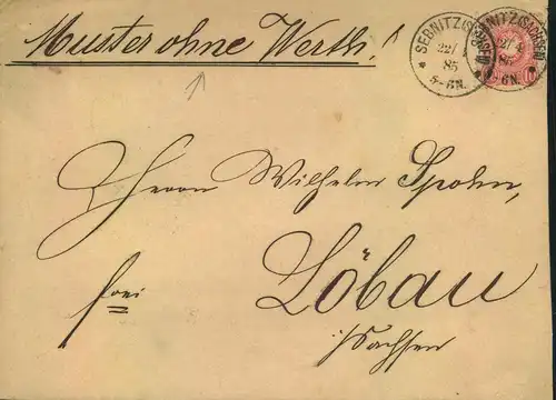 1885, Muster ohne Wert mit 10 Pfg. ab SEBNITZ