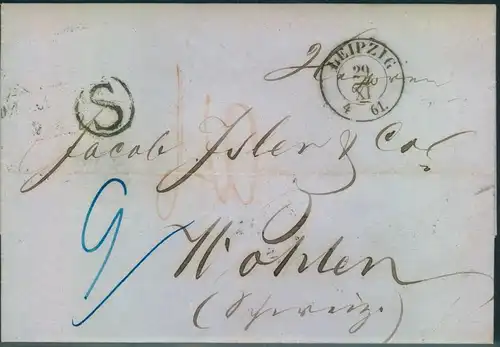 1861, Falbrief ab DRESDEN nach Wohlen, Schweiz mit besserem Transitstempel "S"