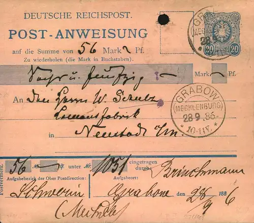1886, Postanweisung 20 Pfg Ganzsache ab "GRABOW (MECKLENBURG)" nach Neustadt (Meckl.)