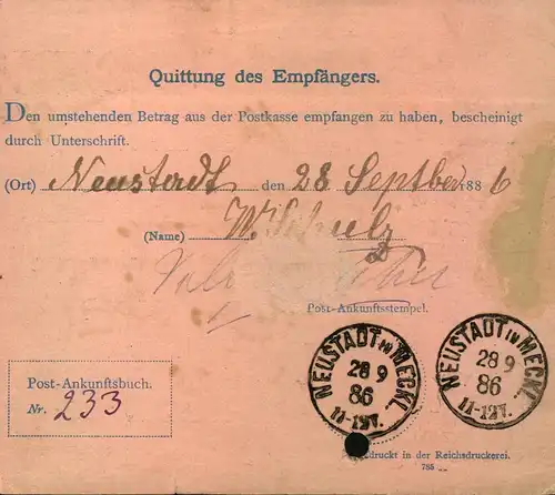 1886, Postanweisung 20 Pfg Ganzsache ab "GRABOW (MECKLENBURG)" nach Neustadt (Meckl.)