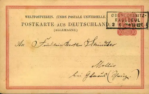 1879, Bahnpost-L3  "OBERLÖSSNITZ - RADEBEUL" auf 10 Pfg. Ganzsachenkarte in die Schweiz