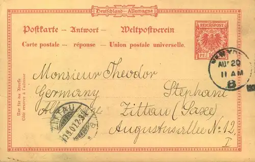 1901, Antwortteil GSK 10 Pfg. KroneA/dler ab NEW YORK zurück nach Zittau