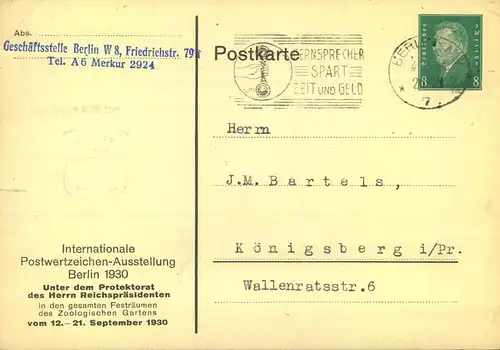 1930, Privatganzsachenkarte zur IPOSTA, bedarfsgebraucht ab BERLIN NW / nach Königsberg