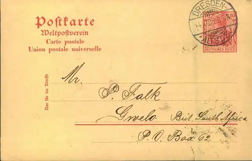1905, 10 Pfg. Germania GSK ab DRESDEN nach Gnela (Rhodesien), heute Simbabwe - Bedarf, Destination R!