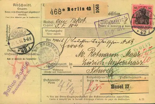 1916, Paketkarte ab "BERLIN 42" mit 80 Pfg. Germania zollamtlich behandelt in die Schweiz