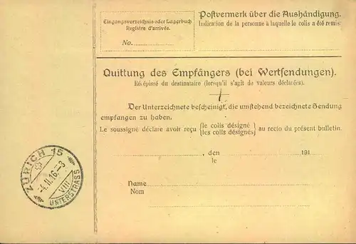 1916, Paketkarte ab "BERLIN 42" mit 80 Pfg. Germania zollamtlich behandelt in die Schweiz
