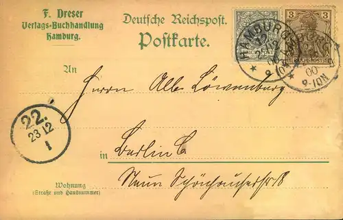 1900, Geschäftskarte frankiert mit 2 Pf. Krone/Adler und 3 Pf. Germania ab HAMBURG 12