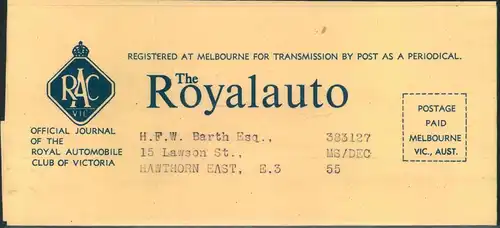 1955, wrapper for "The Royalauto" journal of the RAC of Victoria. Postage paid Melbourne