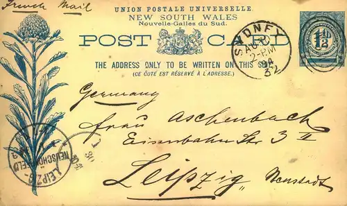 1894 1 1/2 d stationery card with duplex "SYDNEY / NSW" to LEIPZIG - NEUSCHÖNEFELD