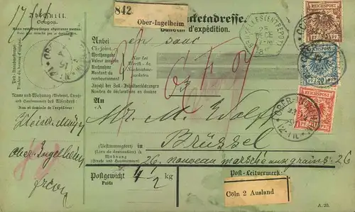 1891, komplette Paketkarte mit Krone/Adler ab OBER-INGELHEIM nach Brüssel (Michel 47,48,50