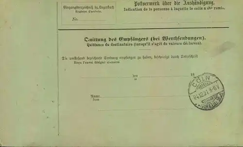 1891, komplette Paketkarte mit Krone/Adler ab OBER-INGELHEIM nach Brüssel (Michel 47,48,50