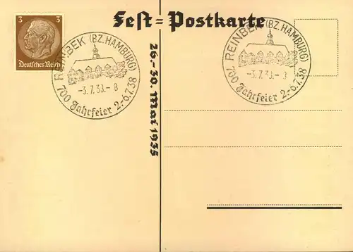 1935, Sonderkarte "Fest der Lausitz Bautzen", blanko mit Sonderstempel "700 Jahre Reinbek"