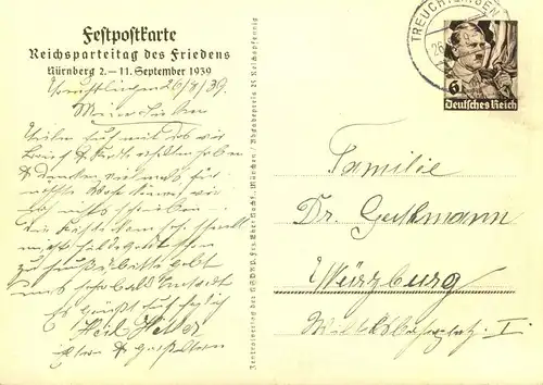 1939, 26/8.: Ganzsachenkarte zum "Reichsparteitag des Friedens" bedarfsgebraucht ab TREUCHTLIGEN am 2. Tag  - P 282