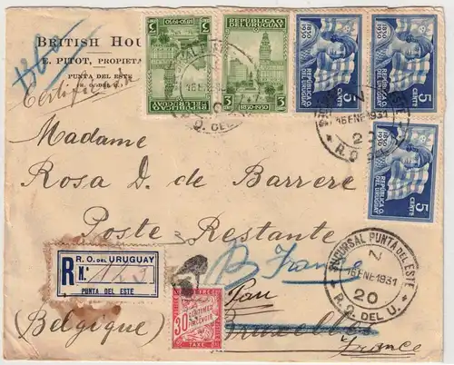 1920, registered letter from "PUNTA DEL ESTE" to Brussels, with french 30 C. tax lable redirected to France.