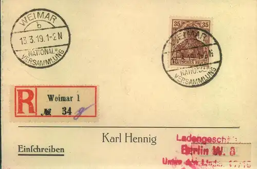 1919, 35 Pfg. Germania in besserer Farbe "b" auf kleinem R-Brief "WEIMAR NATIONALVERSAMMLUNG. Michel 103b (300,-), gepr.