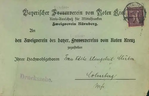 1922, Umschlag "Bayerischer Frauenverein vom Roten Kreuz" gelaufen ab NÜRNBERG:, kleine Mängel