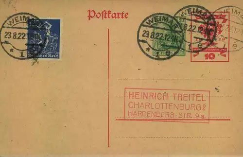 1922, 120 Pfg. Arbeiter (Wz. 2) portogerecht auf Ganzsache  ab WEIMAR 23.8.22 - geprüft - Michel PZP 34, 188