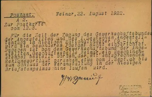1922, 120 Pfg. Arbeiter (Wz. 2) portogerecht auf Ganzsache  ab WEIMAR 23.8.22 - geprüft - Michel PZP 34, 188
