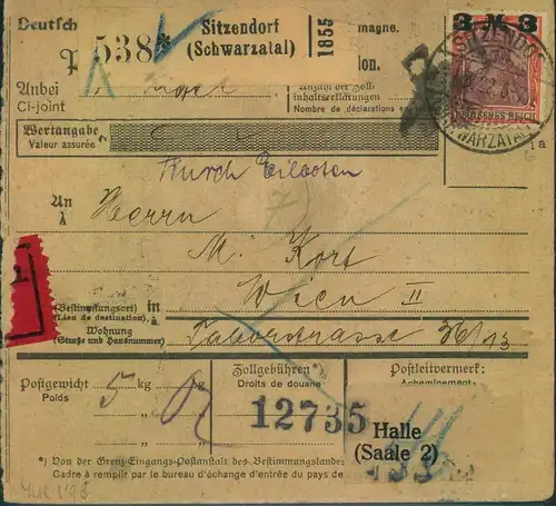 1922, Paketkartenstammteil mit diversen Germania-Aufdruckmarken ab "SITZENDORF (Schwarzatal) - geprüft