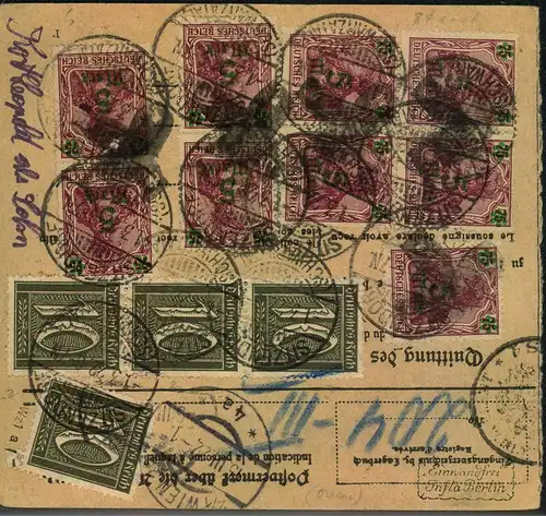 1922, Paketkartenstammteil mit diversen Germania-Aufdruckmarken ab "SITZENDORF (Schwarzatal) - geprüft