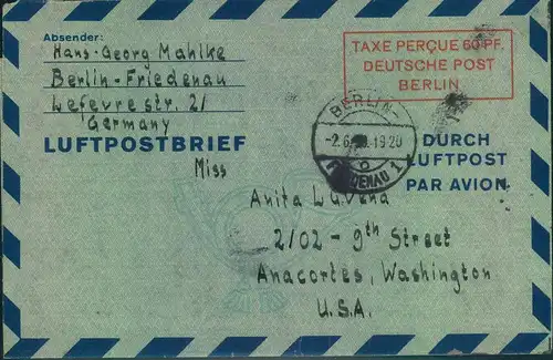1950, 60 Pfg. Luftpost-Leichtbrief bedarfsgebraucht ab BERLIN-FRIEDENAU nach USA. - Michel LF 2 b II