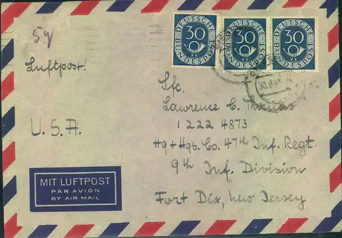 1953, 30 Pfg. Posthorn im waagerechten Paar ind Einzelmarke auf Luftpostbrief ab GIESSEN in die USA.