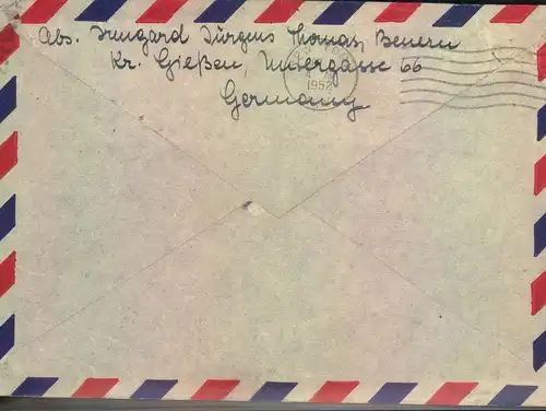 1953, 30 Pfg. Posthorn im waagerechten Paar ind Einzelmarke auf Luftpostbrief ab GIESSEN in die USA.