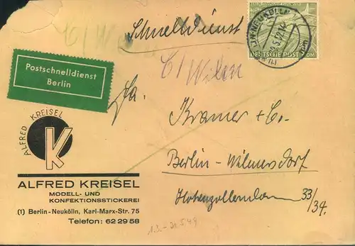 1952, POSTSCHNELLDIENST, Brief mit 1 DM Bauten ab "BERLIN-NEUKÖLLN 1" - Michel 47