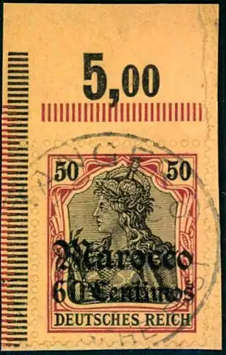 1905, 60 C. auf 50 Pfg. Germania obere Bogenecke auf Briefstück "TANGER MAROCCO" - Michel 28