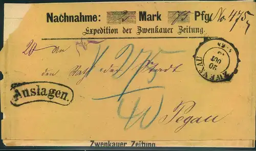 1876, Vorderseite von Auslagenbrief für "Zwenkauer Zeitung" mit anhängender Quittung