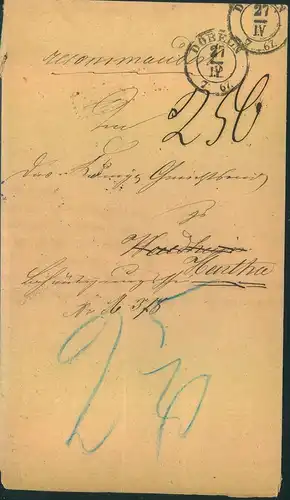 1867, recommandierter Behändigungsschein ab DÖBELN