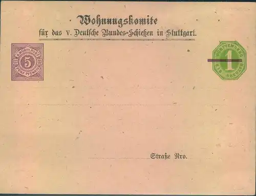 1875 (ca.) 5 Pfg. auf 1 Kreuzer Privatganzsachenumschlag "Wohnungskomite für das V. Dt. Bundesschießen", Stuttgart
