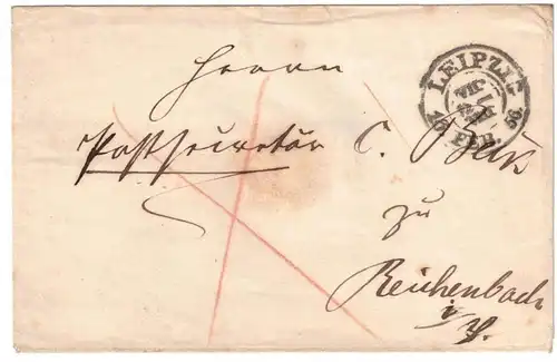 1856, Umschlag ab LEIPZIG an den Postsekretär in Reichenbahc i. V.
