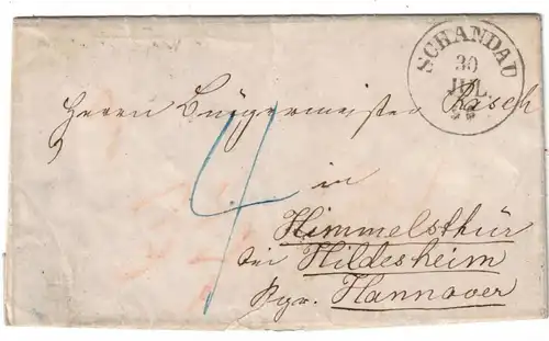 1856, unfrankierter Brief mit Taxe "4" ab SCHANDAU nach Himmelsthür b, Hildesheim