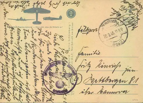 1945, 20.2.: späte Feldpostkartte ab "Praunsch (Kr. Oldendorf Westfalen". Abbilidung Heinkel "HE 111"