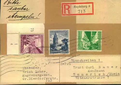 1938, 40, 25 und 5 Pfg. Nothilfe aus R-Päckchen-Adresse ab MAGDEBURG 6