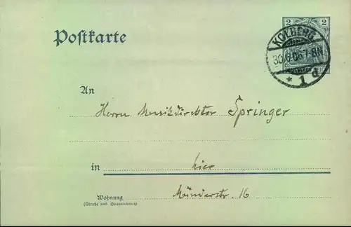 1906, 2 Pfg. Ganzsachenkarte an Sammler ab "KOLBERG 30.6.06" (letzter Tag der Gültigkeit)