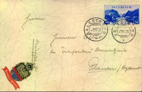 1938, Brief eines Bestzungsmitgliedes des Kreuzers "EMDEN" aus BALESTRAND, Norwegen üb. Marinepostamt