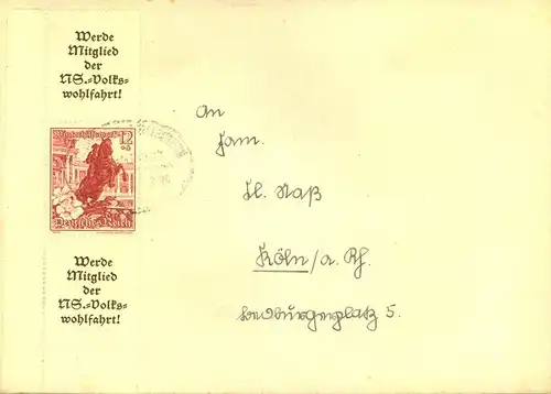 1938, WHW guter Zusammendruck Reklame/12 Pf./Reklame auf Brief mit Bahnpoststempel