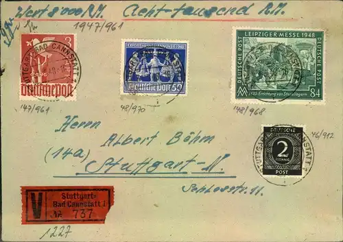 1948, Orts-Wertbrief über 8.000 RM in STUTTGART 20 Pfg. überfrankiert