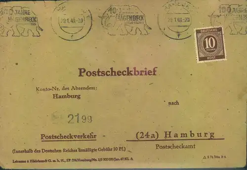 1948, 10 Pfg. Ziffer auf Postscheckbrief mit Maschinenstempel HAMBURG 1